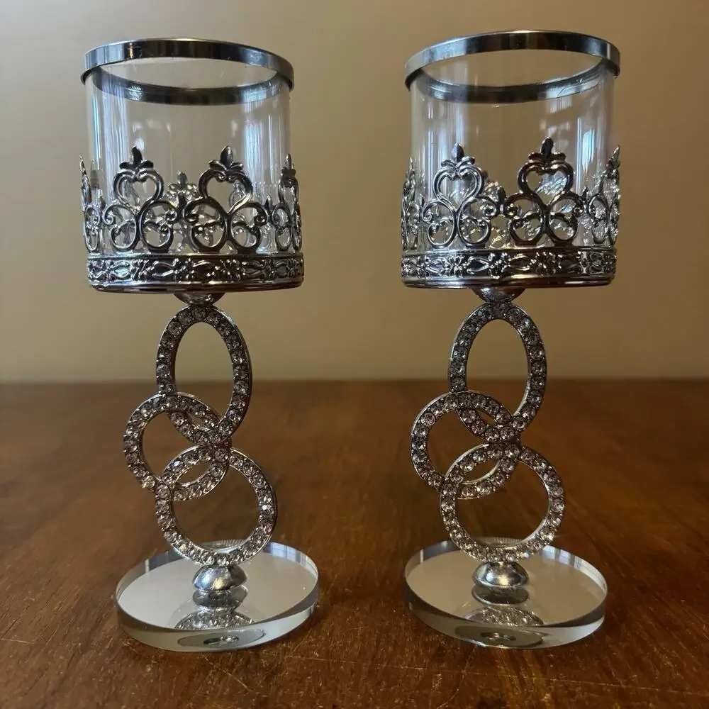Rhinestone Candle Holders Set of 2 Glass Votive Wedding Table Decor 8”